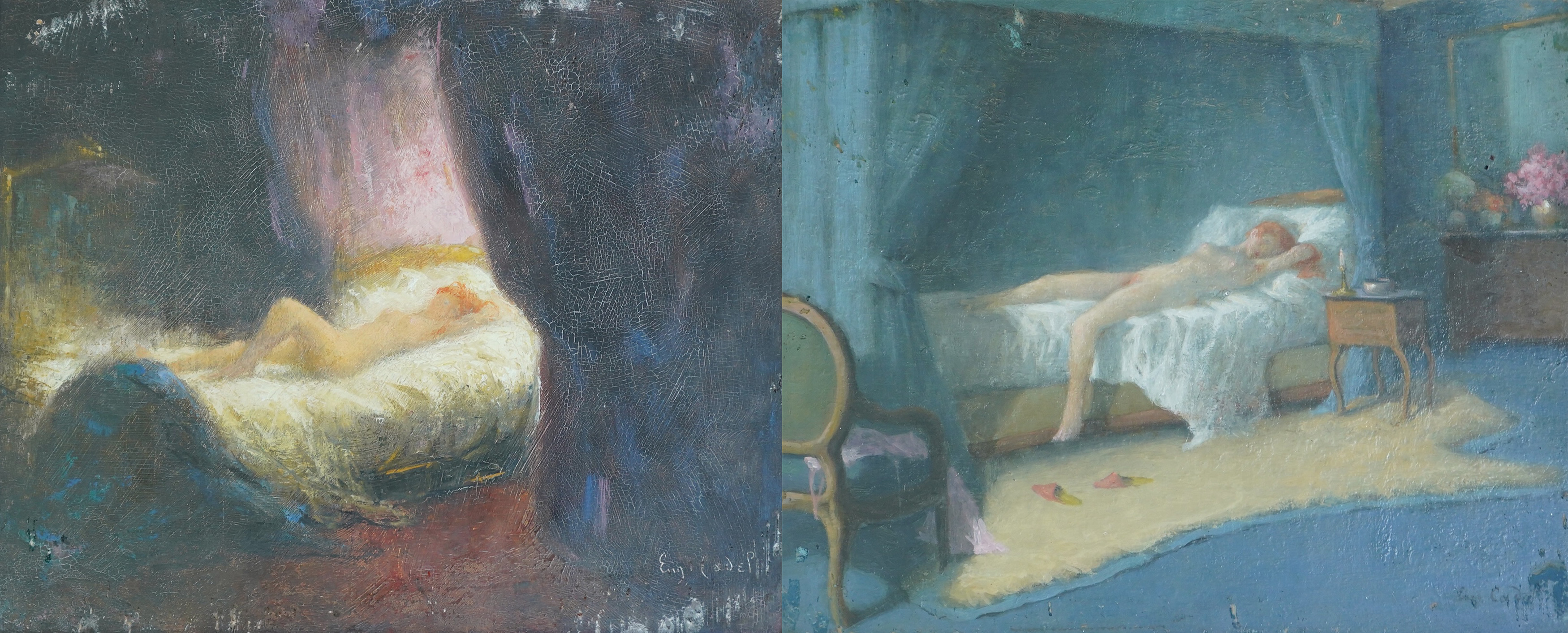 Eugène Cadel (French, 1862-1941), La Chambre Bleu and La Chambre Rose, oil on panel (2), 22 x 26cm